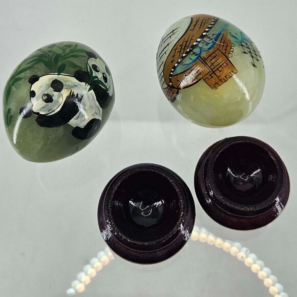 2 Hand Painted Miniature Green Jade Eggs Wooden Stands Panda Great Wall of China - Picture 5 of 5